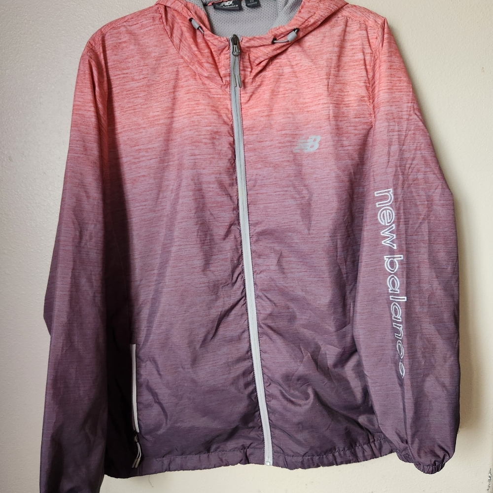 New Balance Women's 2X Ombre Pink Purple Orange Windbreaker Hoodie with Pockets